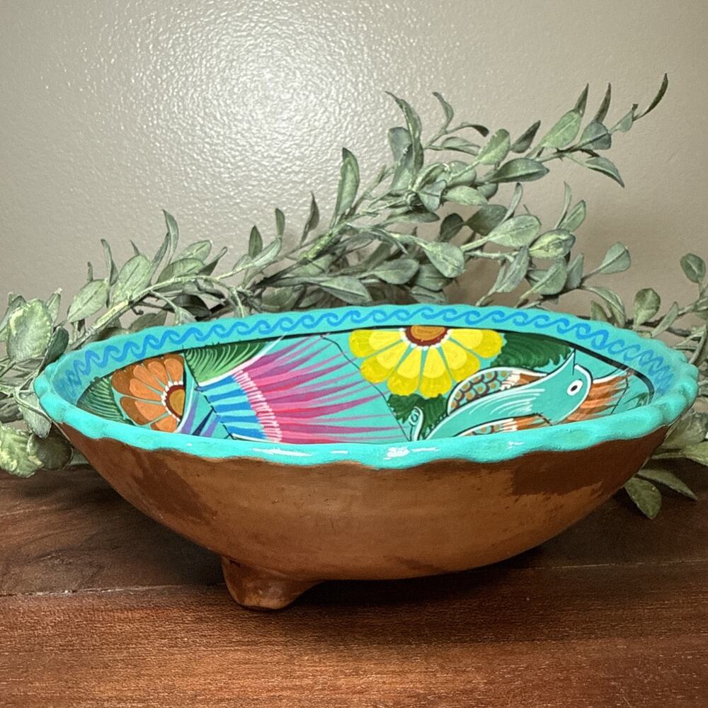 Hand Painted Mexican Folk Art Pottery Footed Bowl Bird Floral Terracotta 6.75” - Picture 6 of 12